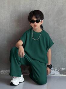 Tween Boy 休闲韩版宽松杏色百搭背心和长裤套装，适合通勤、上学、日常休闲、运动、春夏季度假 - 墨綠色 - 查看 4