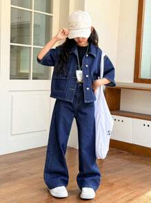 SHEIN Tween Girls Fashion Casual Y2k Vintage Cool Two Pieces Set Of Dark Blue Denim Loose Shirt With Pocket Design And Semi-Elastic Waistband Loose And Comfortable Jeans For Tween Girl Clothes Girls Soft Dailywear And Tween Girl Summer And Fall Rave Outfits Festival And Beach Outfits Streetwear School Clothes Girls Denim Set Jean 2 Piece Set