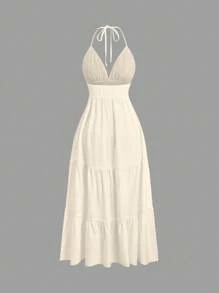 Sweetra 刺绣系带镂空腰部度假休闲连衣裙 - 杏色 - 查看 2