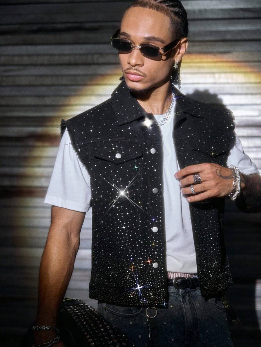 AXEPEAK 男士夏季时尚水钻装饰无袖牛仔上衣 - 黑色 - 查看 1