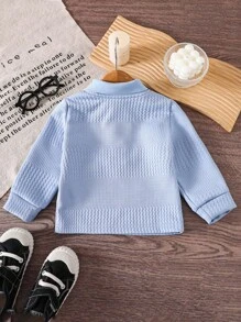 SHEIN Vintaside Kids 男婴休闲纯白色长袖纽扣领 Polo 衫，春/秋 - 藍色 - 查看 2