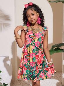 SHEIN 青少年女孩休闲度假盖袖圆领罩衫热带印花 A 字连衣裙 - 黑色 - 查看 3