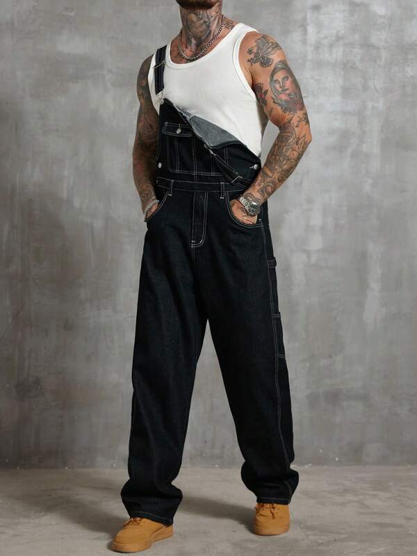 RivetRise Men's Casual Loose Fit Denim Bib Overalls With Pockets, Summer