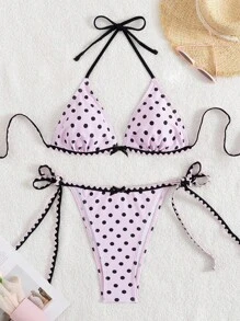 Bonvoyette 2pcs/Set New Summer Colorful Polka Dot Print Halter Backless Tie Sexy Bikini Swimsuit Beach Party Suit For Women - Multicolor - View 5