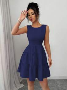 Elenzga 女士优雅纯色珍珠链蝴蝶结装饰连衣裙 - 寶藍色 - 查看 3