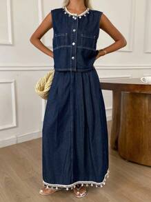 Livesso بذلة مكونة من ملابس علوية أكمام بلا أنقاب للرقبة وتنورة دنيم طويلة - قطعتان للنساء - الأزرق - مشاهدة 5