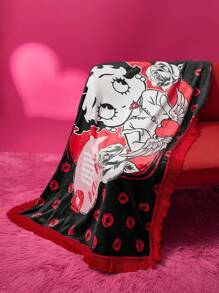 Betty Boop x SHEIN Manta de cama cruda con estampado de personajes de dibujos animados y labios, para regalos