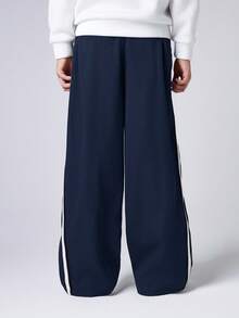 Tween Boy Straight Fit Side Tape Decor Loose Sweatpants,Suitable For Casual,Outdoor Sports,School In Autumn/Winter Wide Leg Pants,Baggy Navy Blue - Navy Blue - View 2