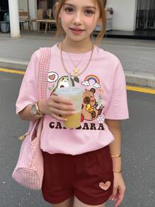 SHEIN Leap Crew 青少年女孩休闲简约短袖上衣和短裤两件套，适合夏季 - 彩色 - 查看 5