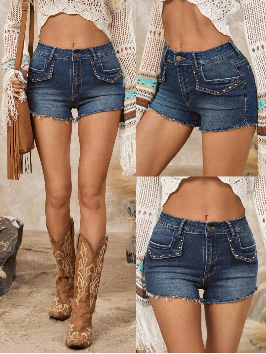 LanaWest Women's Pocket Frayed Hem Stretchy Denim Wash Shorts - Medium Wash - View 1