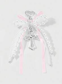 ROMWE Kawaii 1 pezzo Ciondolo versatile, delicato e dolce in stile Y2K, di alta qualità, realizzato a mano con perle, fiocco di nastro e croce di cristallo cava, adatto come portachiavi o decorazione per borse, adatto per donne/ragazze, per uso quotidiano o come regalo