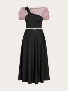 Modelyn Vestido de línea A con cuello asimétrico de color contrastante, elegante y de talla grande, para el verano - Negro - Ver 6