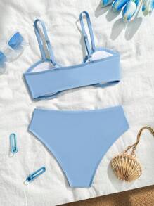 Conjunto de bikini de color liso sencillo para niñas, con adorno de concha, apto para verano, natación, vacaciones y playa