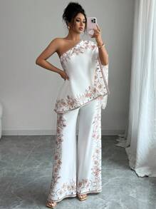 Rafferiza 女士优雅图案不对称肩部收腰上衣 + 长裤优雅印花 2 件套 - 白色 - 查看 1