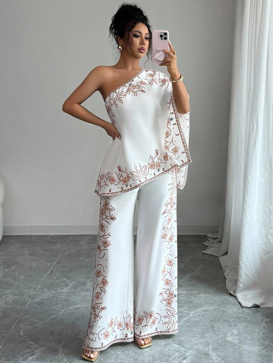 Rafferiza 女士优雅图案不对称肩部收腰上衣 + 长裤优雅印花 2 件套 - 白色 - 查看 1