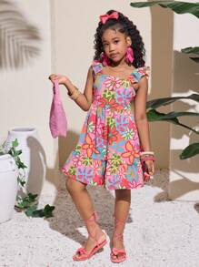 SHEIN Tween Girls Casual Vacation Flared Mini Dress With Tropical Print And Keyhole Back