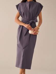 Lilora 灰色抗皱无袖衬衫裙，配有领带、腰带和口袋，适合度假、约会、街头、通勤、春夏季休闲装