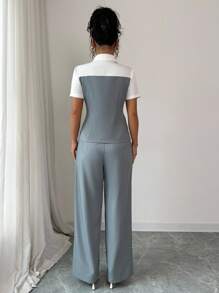 Elenzga 2件套女士成熟优雅拼色衬衫和阔腿裤套装 - 灰色 - 查看 2