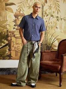 Mainfolk 男士条纹短袖休闲宽松纽扣衬衫 - 彩色 - 查看 7