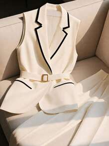 Franclia Women's Elegant 2 Pieces Suit Set - Tailored Waistcoat Jacket Top And Straight Formal Trousers - Apricot - View 4