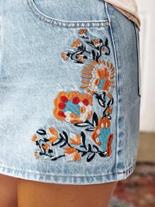 Breezaya Fustă casual pentru femei din denim, cu broderie florală, cu buzunar - Spălare ușoară - Vizualizare 7