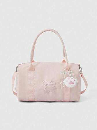 Kawaii Model: 84225 Embroidery Bow Short Trip Bag For Women, Carry-On Crossbody Handbag 2-In-1 Tote, Large Capacity Lightweight Sports Gym Bag, Foldable Water-Resistant Luggage Packing Cubes