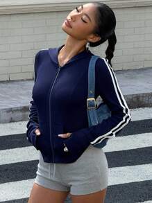 DAZY Color Blocking Striped Hooded Fitted Outdoor Jogging Yoga Sports Jacket - Navy Blue - View 3