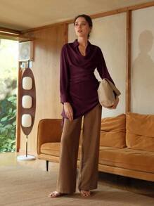 Revavyn Áo kiểu nữ cổ điển sang trọng bằng chiffon, xếp ly, cổ lệch vai, thích hợp mặc đi làm, cổ đổ, màu mận, màu tím đậm, áo kiểu nữ màu đỏ bằng chiffon dáng rộng, thích hợp cho lễ hội, đi nghỉ mát, áo đỏ, áo dáng rộng mùa thu, mùa thu. - Màu Đỏ Sâu - Xem 6