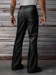 AXEPEAK Men's Street Fashion Leather Zipper Decor Pants , Fall Winter - Black - View 2