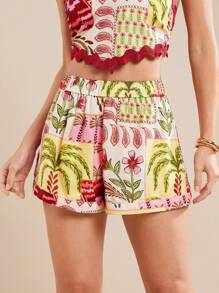 L'Amorae شورت إجازة ربيعية صيفية تريبويكال بطباعة مشرط مع تفاصيل زخرفة موجية - متعدد الألوان - مشاهدة 5