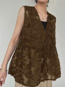 FRIFUL 女式V领纹理宽松无袖背心 - 棕色 - 查看 2