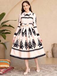 Teen Girl Floral Print Long Sleeve Single Breasted Casual Shirt Dress, Autumn,Holiday,Summer,Travel