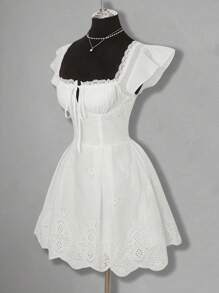 SHEIN ICON Women Square Neck Lace Patchwork Mini Summer Dress Fall Women Clothes Wedding Guest Dress Women - White - View 3