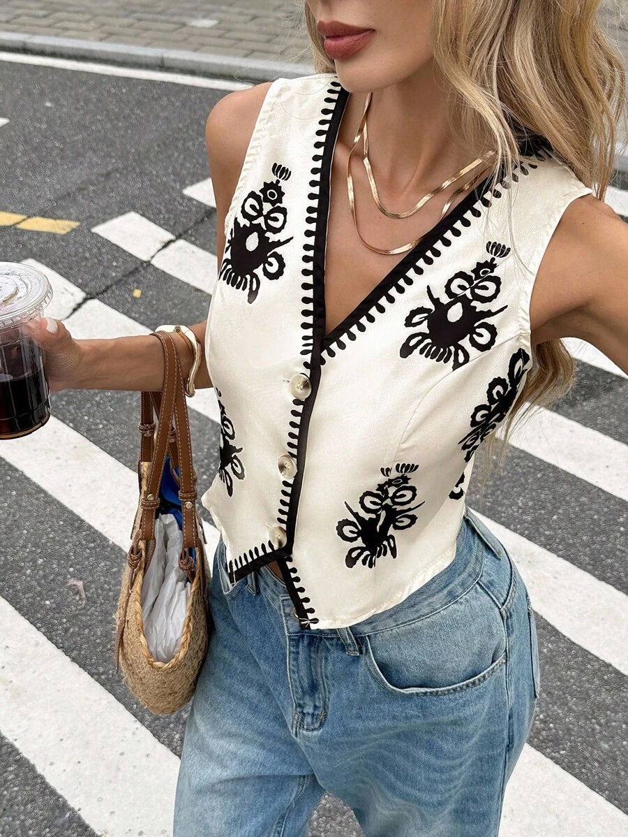Serisse 女士度假休闲波西米亚风撞色印花无袖背心夏季上衣女式波西米亚风花朵度假上衣 - 黑色 - 查看 1