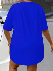 SHEIN LUNE 大码唇印圆领短袖 T 恤，夏季 - 寶藍色 - 查看 2