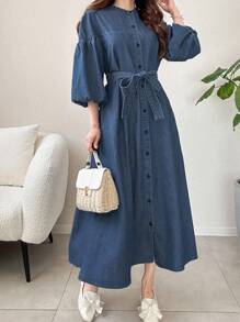 FRIFUL Casual Women Light Wash Denim Shirt Dress With Flared Hem And Bishop Sleeves Denim Dress Long Sleeve Denim Dress Women Denim Dress Blue Denim Dress - Light Wash - View 5