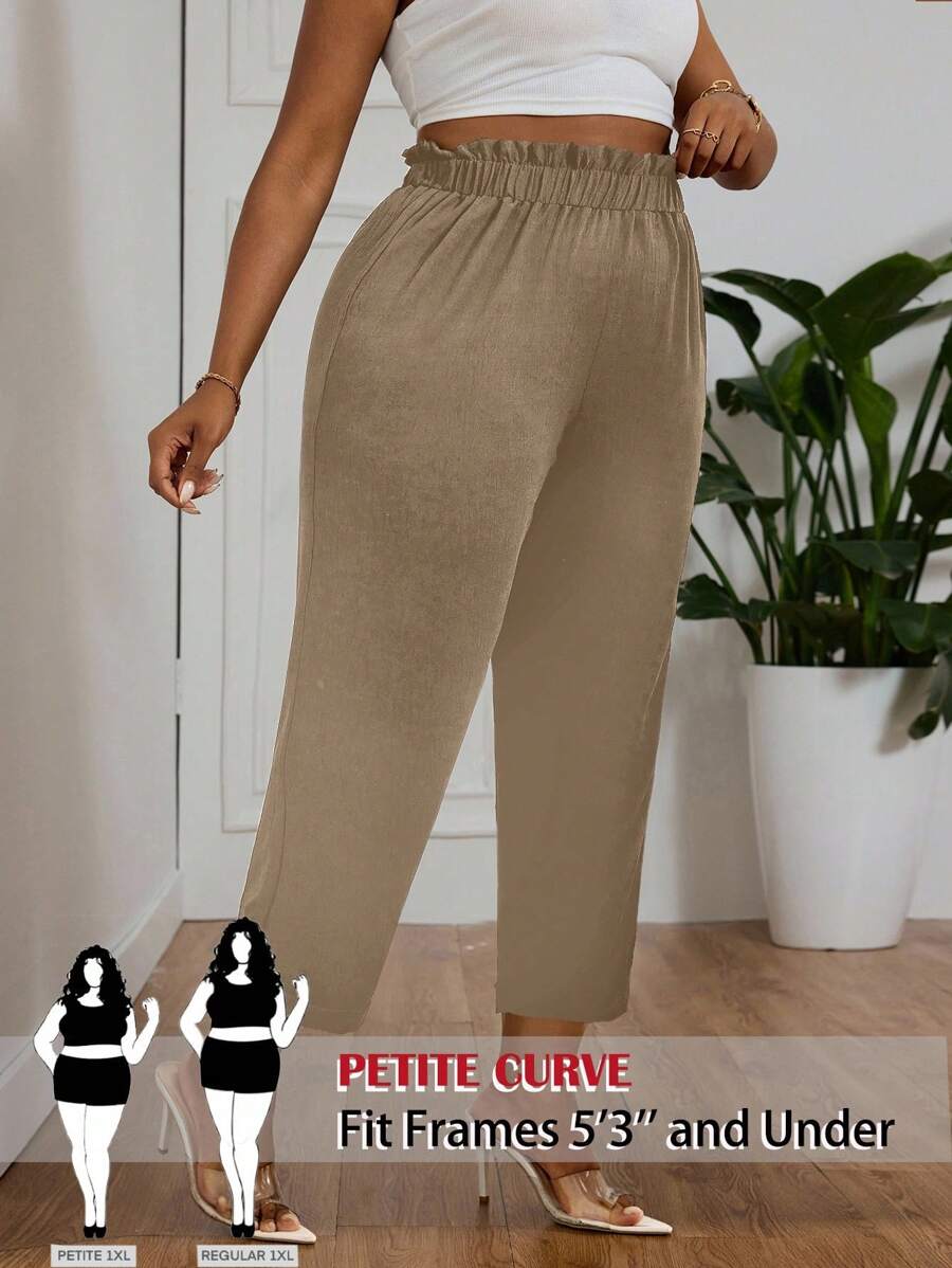 SHEIN PETITE CURVE Plus Size Solid Color Paper Bag Waist Casual Trousers For Women, Summer,Summer Pants