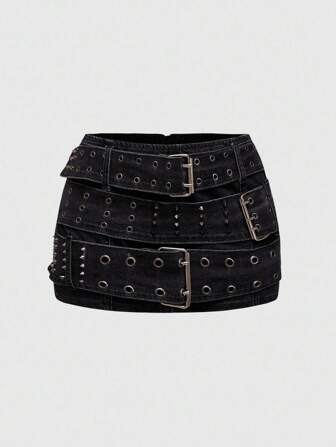 Grunge Punk Y2K Vintage Punk Heavy Metal Niet Ösen Gürtel Dekor Große Größen Jeans Mini Rock