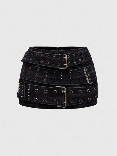 Grunge Punk Minigonna di jeans vintage Y2K punk in stile heavy metal con decorazioni di rivetti e occhielli, taglie forti