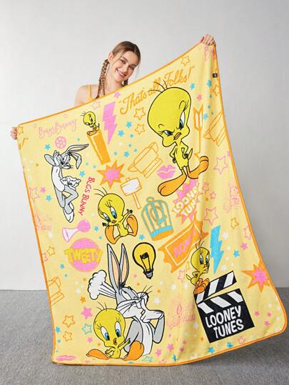 LOONEY TUNES X SHEIN Yellow Cartoon Letter Printed Flannel Square Blanket,Spring / Winter