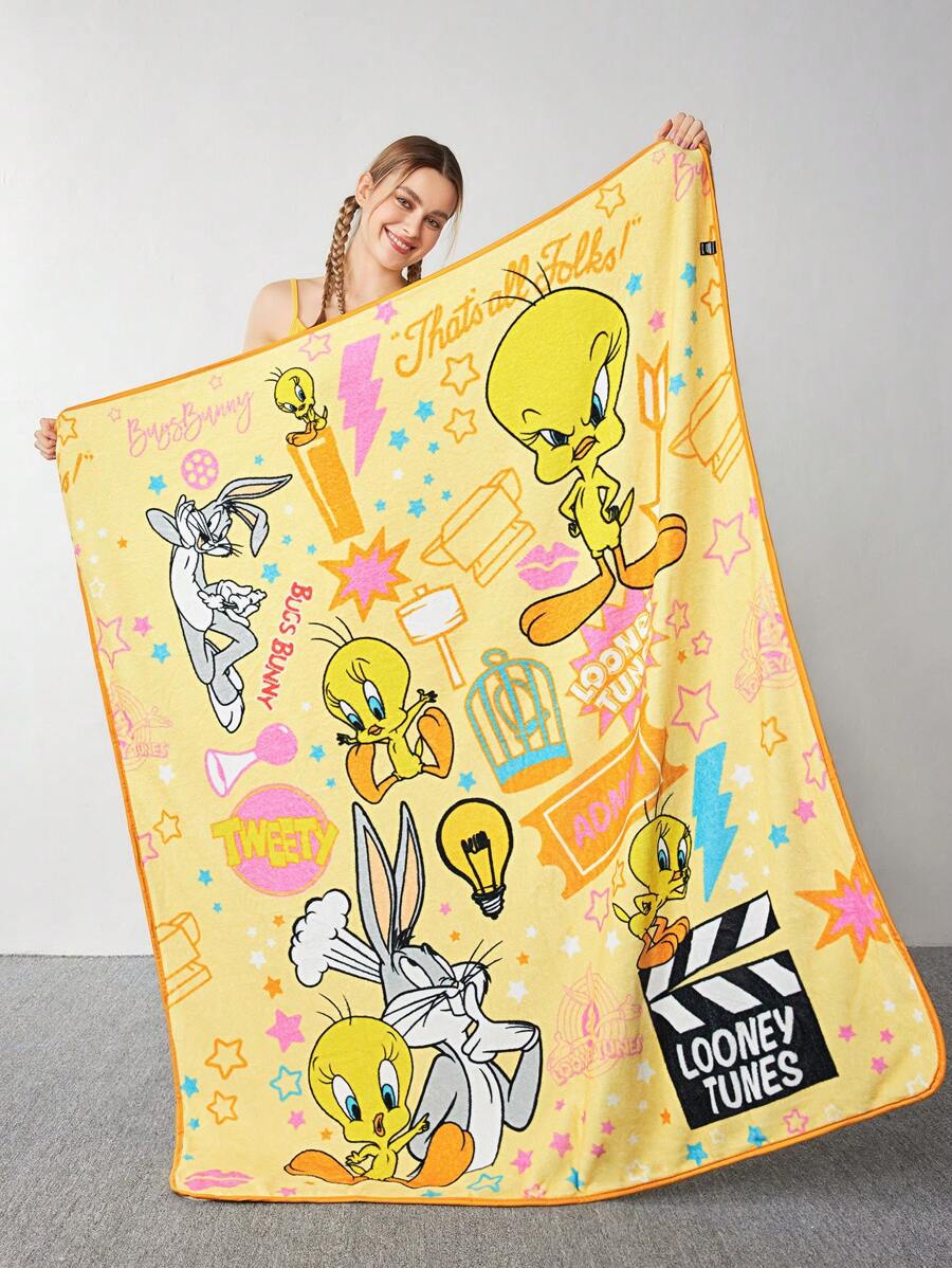 LOONEY TUNES X SHEIN Yellow Cartoon Letter Printed Flannel Square Blanket,Spring / Winter - Yellow - View 1