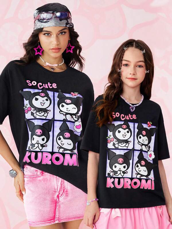 HELLO KITTY AND FRIENDS | SHEIN Tween Girls Cartoon Anime Pattern Casual Loose Fit Drop Shoulder Short Sleeve T-Shirt, Black
