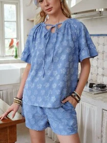 LanaWest Conjunto de 2 piezas, informal, con efecto de mezclilla, escote en V con cordones, manga raglán holgada para mujer - Azul - Ver 4