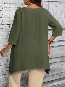 EMERY ROSE Áo sơ mi trắng thường ngày cổ tròn tay áo 3/4 cỡ lớn cho nữ, quần áo mùa xuân và mùa thu cho nữ - xanh quân đội - Xem 2