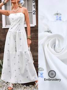 LanaWest 女式宽腿重工刺绣花卉细肩带连体裤 - 白色 - 查看 4