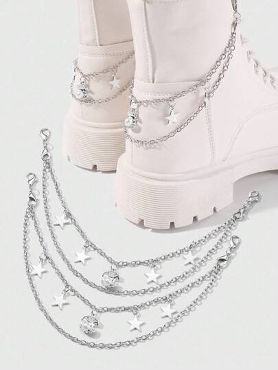 Goth 2 piezas Decoración para cordones de zapatos en estilo minimalista 'Y2K' con cadenas de plata huecas, estrellas y colgante de concha de perla falsa de doble cabeza con cierre de langosta ajustable, adecuado para el atuendo diario y los zapatos de mujeres/niñas, regalo ideal para vacaciones