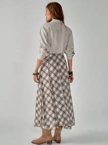 Florisole 女式复古蕾丝拼布休闲衬衫，适合秋季上学、办公室和日常穿着 - 卡其色 - 查看 2