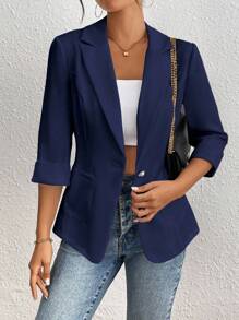 EMERY ROSE Áo khoác blazer trơn màu thường ngày và đi làm, trang phục xuân/hè cho trường đại học - Màu xanh hải quân - Xem 6
