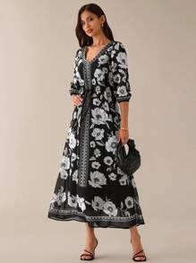 Lilora Das schwarze Maxikleid mit Blumenmuster im Bohemian-Stil für Damen verfügt über einen schmeichelhaften V-Ausschnitt und bequeme Dreiviertelärmel, komplett mit einem stilvollen Gürtel zum Selbstbinden für vielseitige Eleganz. - Schwarz - Übersicht 1