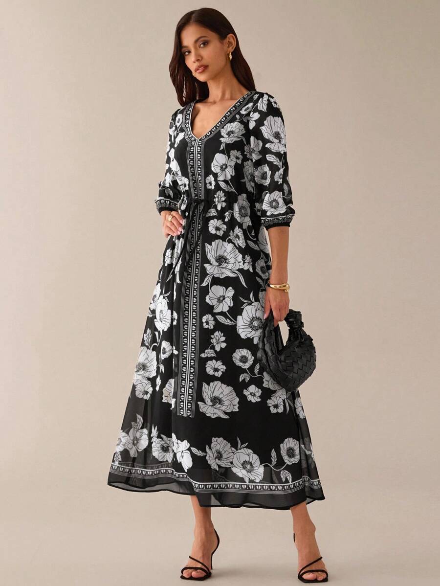 Lilora Das schwarze Maxikleid mit Blumenmuster im Bohemian-Stil für Damen verfügt über einen schmeichelhaften V-Ausschnitt und bequeme Dreiviertelärmel, komplett mit einem stilvollen Gürtel zum Selbstbinden für vielseitige Eleganz. - Schwarz - Übersicht 1